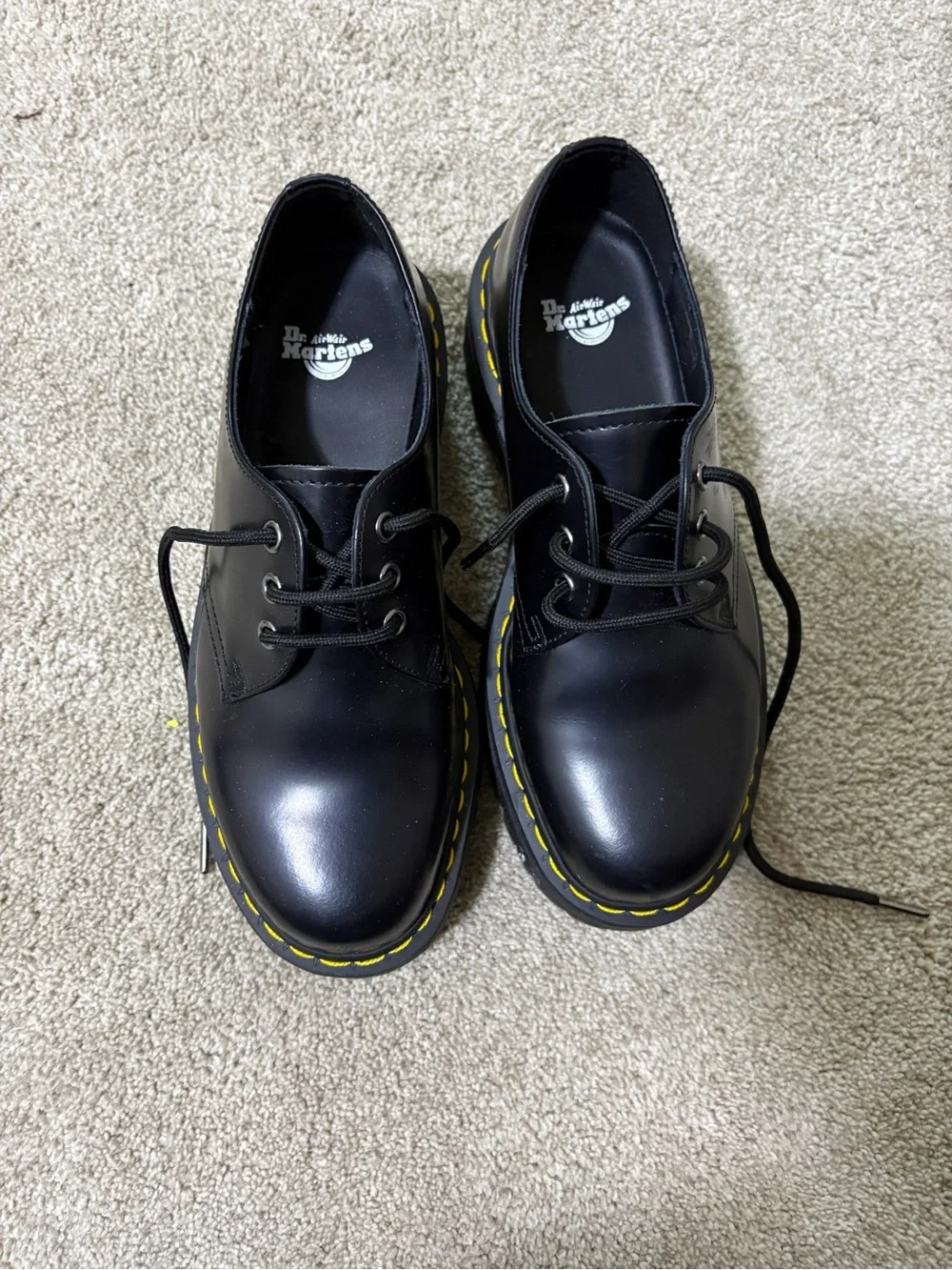 Dr. Martens Black Leather 3-Eye Shoes with Yellow Stitching